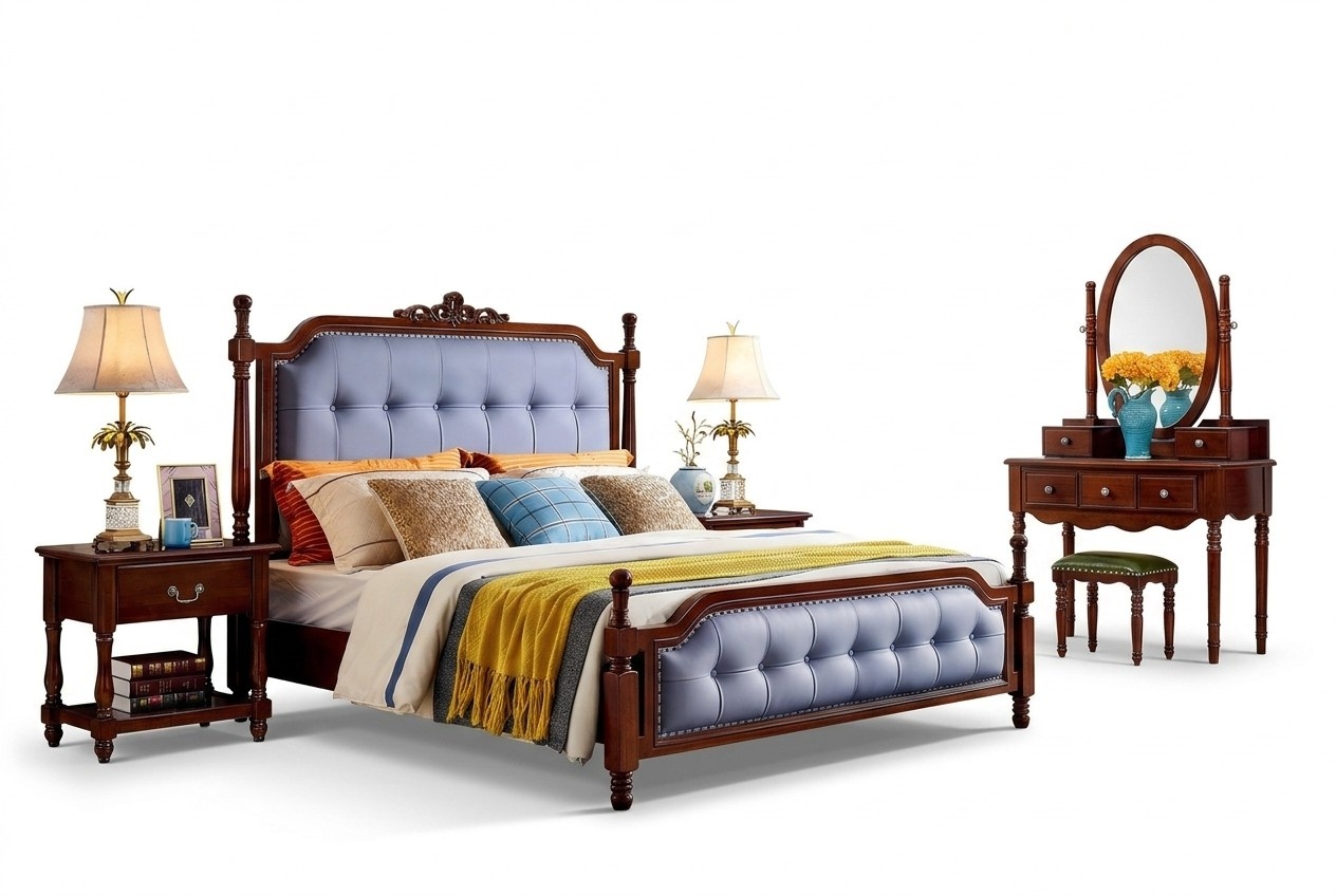 Design Schlafzimmer Komplett Set Bett Nachttische Schminktisch 5 tlg Holz Hocker