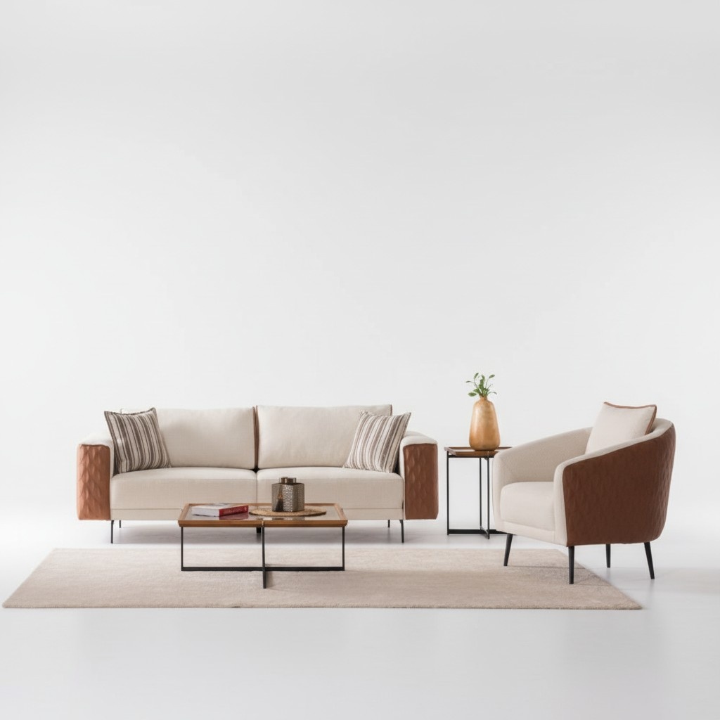 Designer Beige Couchgarnitur Schicker Dreisitzer Edler Polstersessel 2tlg