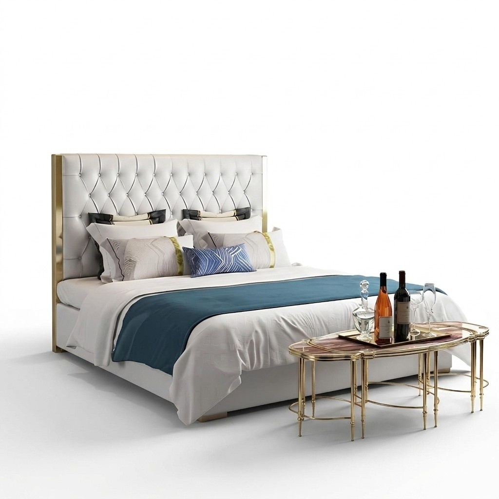 Designer Bett Chesterfield Leder Hotel Metall Betten Doppel Schlaf Zimmer Luxus