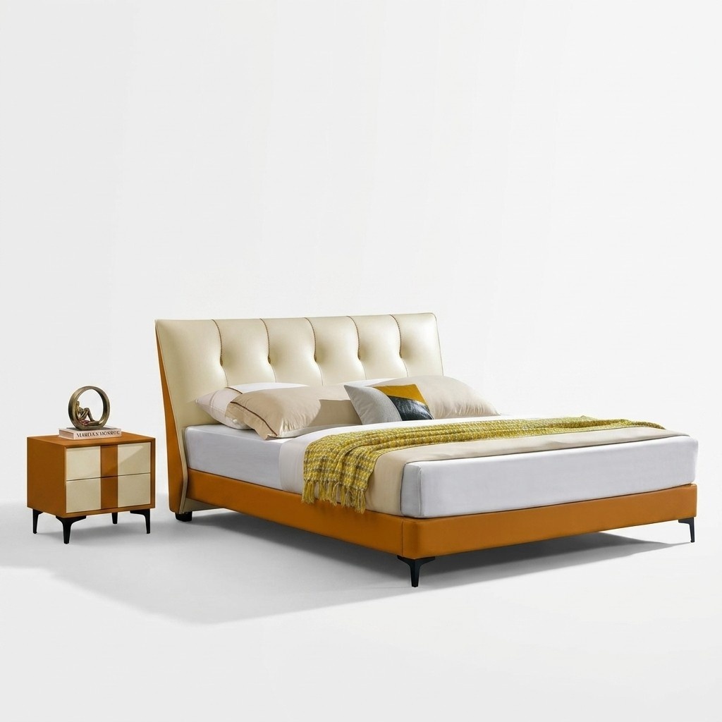 Designer Bett Orange Leder Hotel Kunstleder Betten Doppel Schlaf Zimmer Möbel