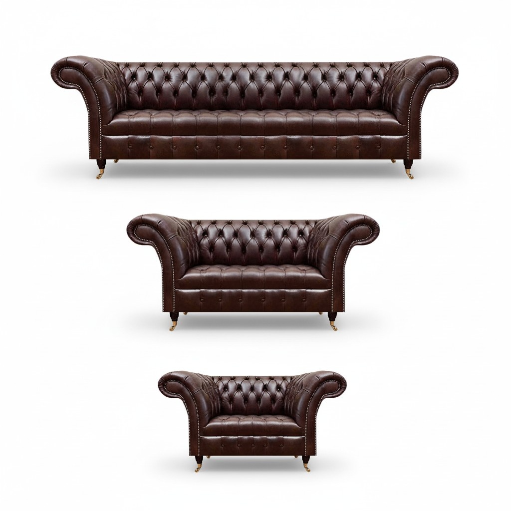 Designer Chesterfield Braune Ledergarnitur Moderne Sitzmöbel 3tlg Set
