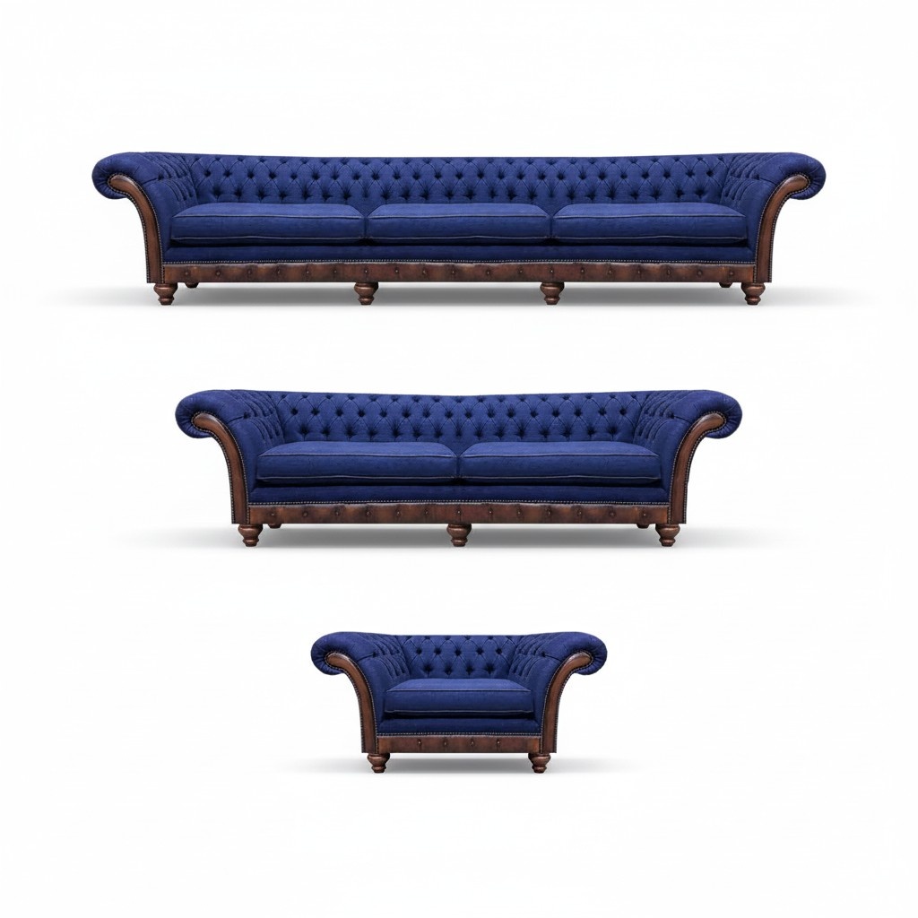 Designer Chesterfield Couchgarnitur Edler Blauer Dreisitzer Sessel 3tlg