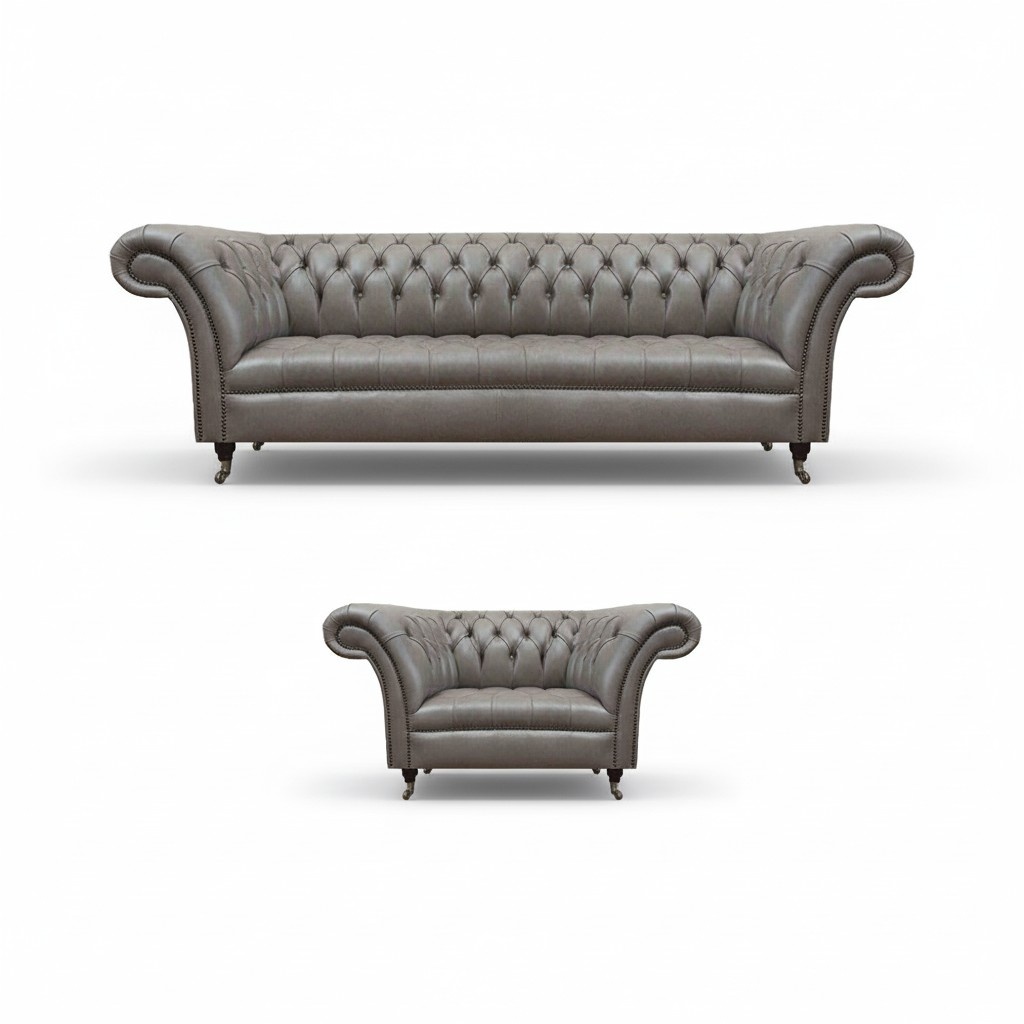 Designer Chesterfield Ledergarnitur Dreisitzer Sofa Edler Sessel 2tlg