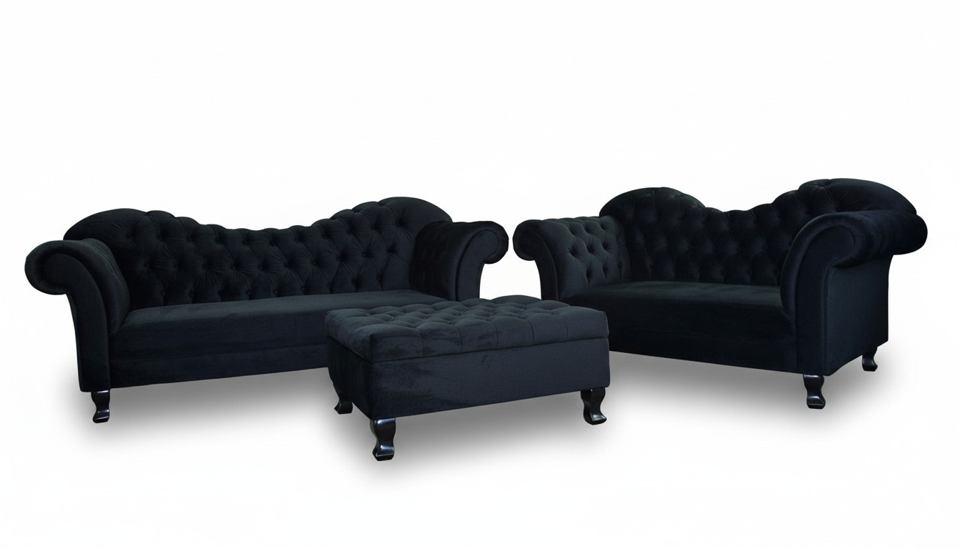 Designer Chesterfield Sofagarnitur Textil 3 + 2 + Hocker Couch Polster Sofa