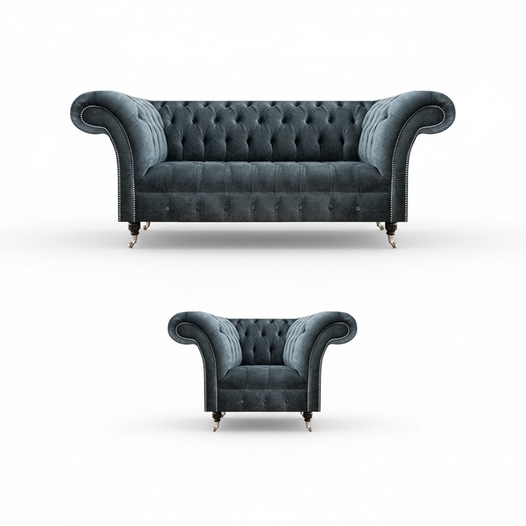 Designer Graues Chesterfield Sitzset Moderner Einsitzer Dreisitzer 2tlg