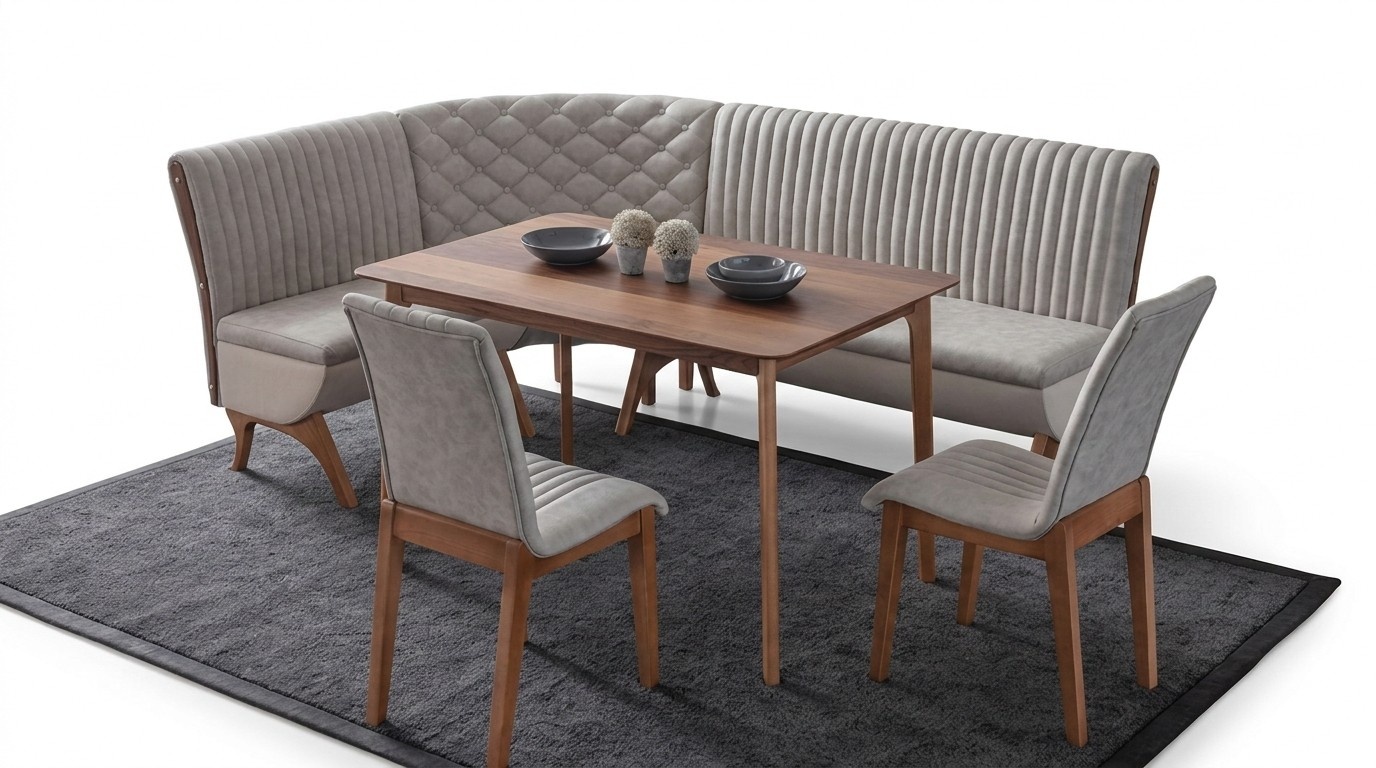 Designer Hellgraue Esszimmer Garnitur Polster Eckbank 2x Stühle Esstisch