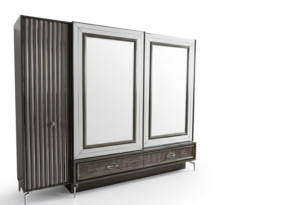 Designer Holz Kleiderschrank mit Spiegeltüren und Schubladen Schlafzimmer