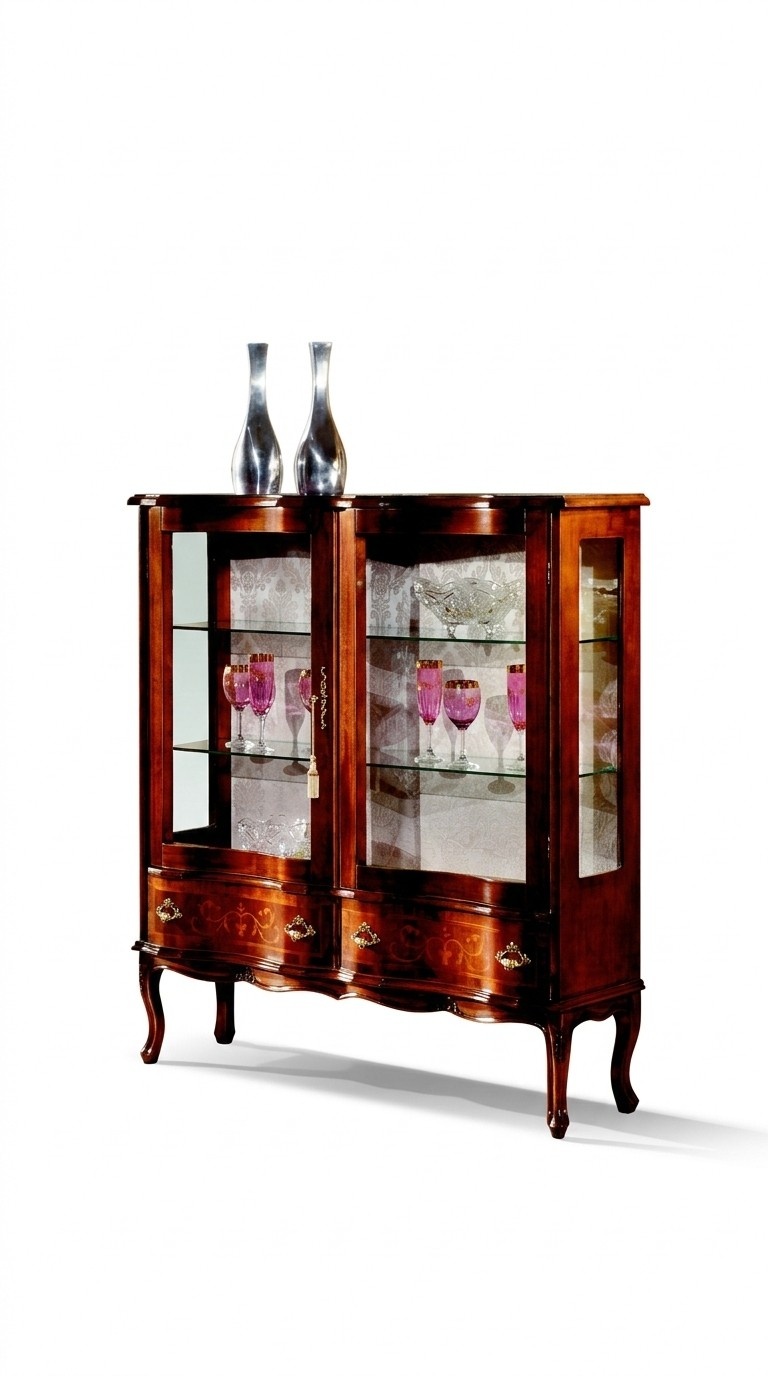 Designer Luxus Holz Vitrine Braun 2 Glas Türen 2 Schublade Italienische Möbel