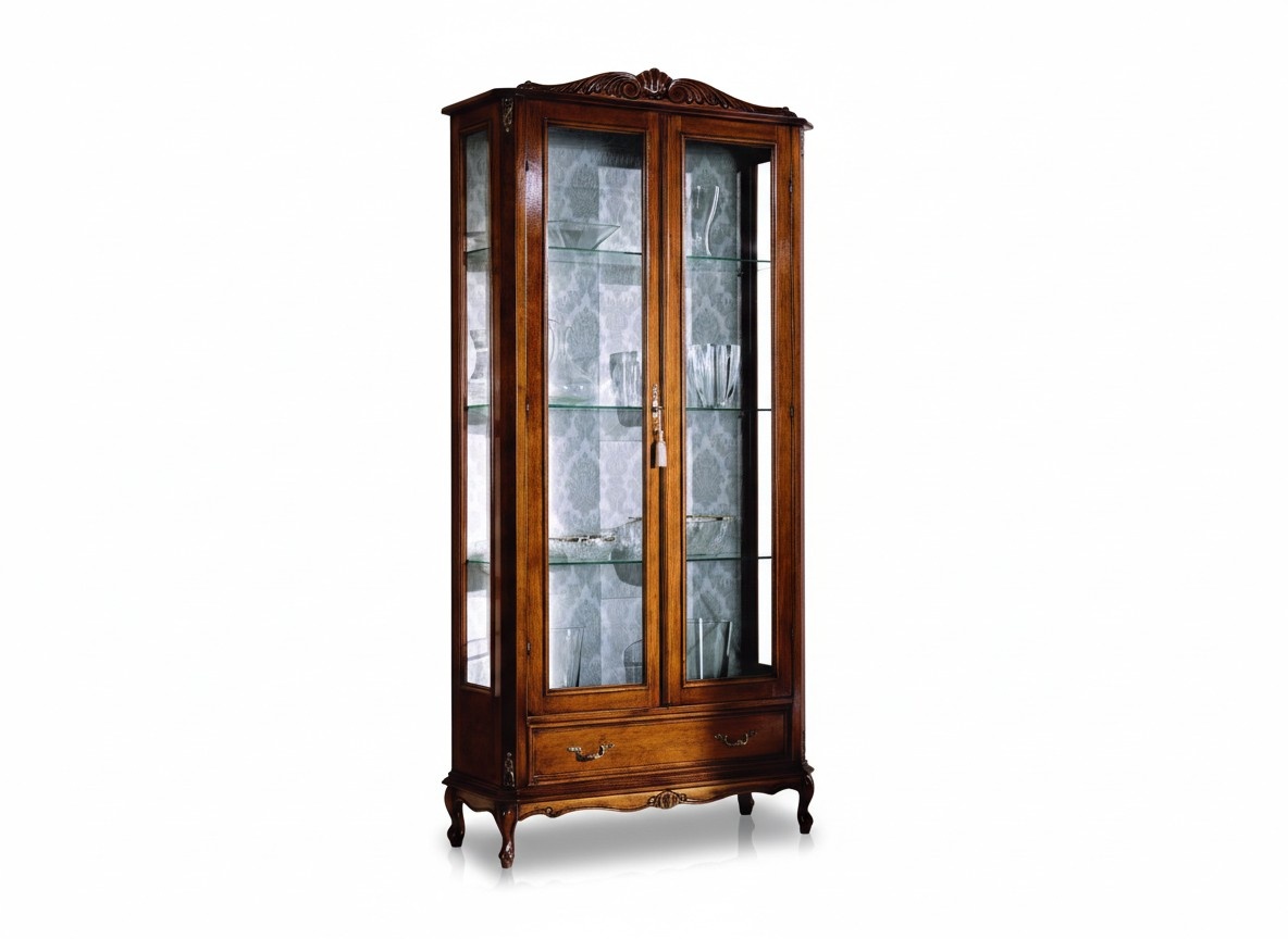 Designer Luxus Holz Vitrine Braun 2 Glas Türen 1 Schublade Italienische Möbel