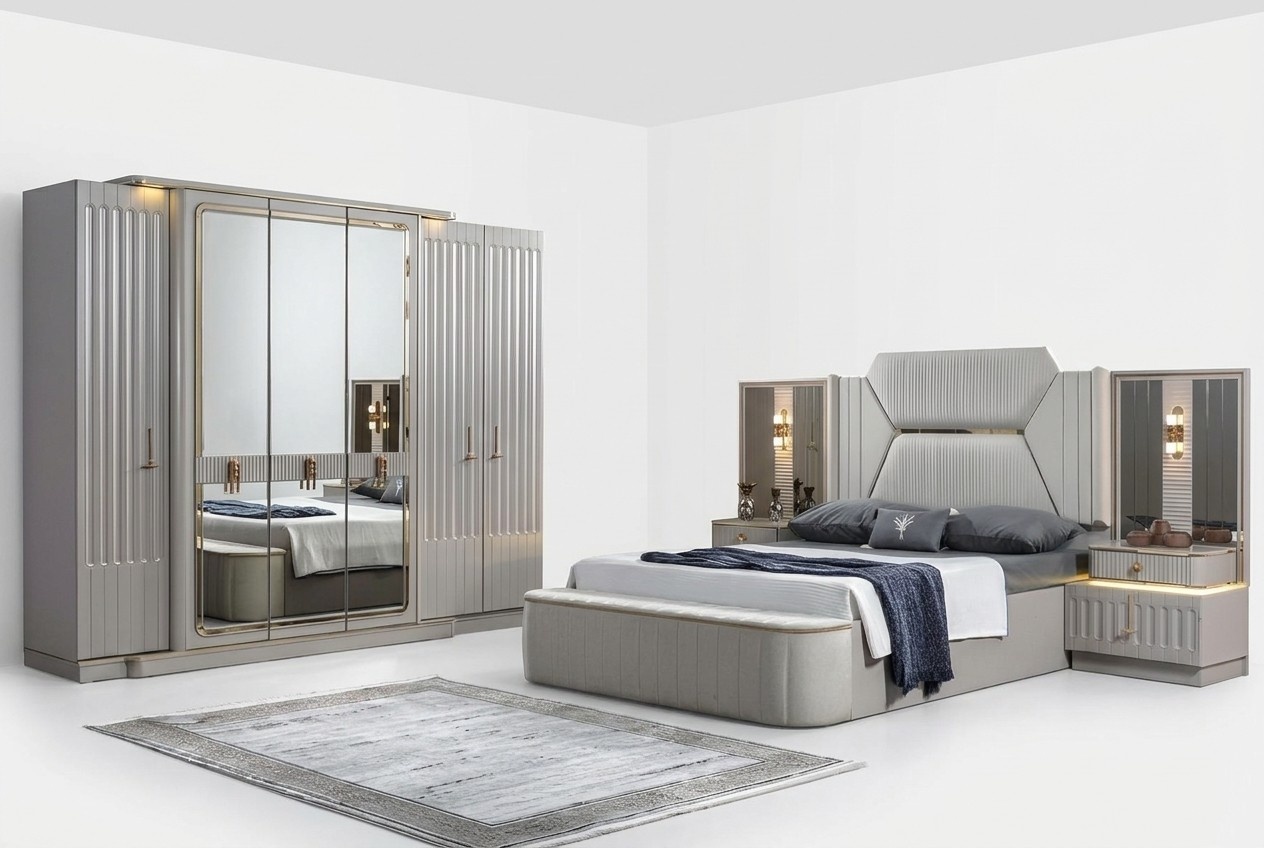 Designer Möbel 4tlg. Schlafzimmer Set Bett 2x Nachttisch Kleiderschrank