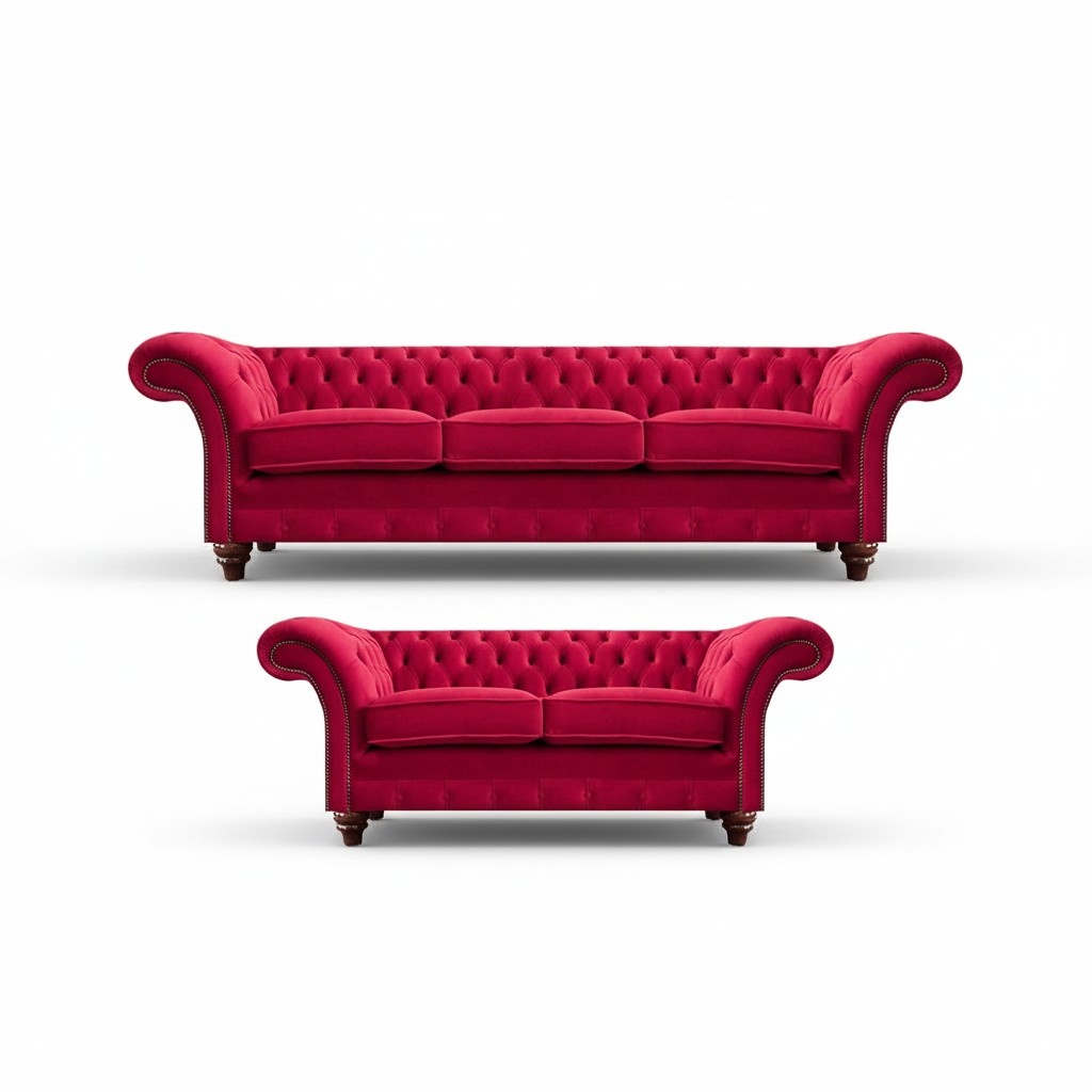 Designer Rote Chesterfield Couchen Moderne Polster Stoffsofas 2tlg Set