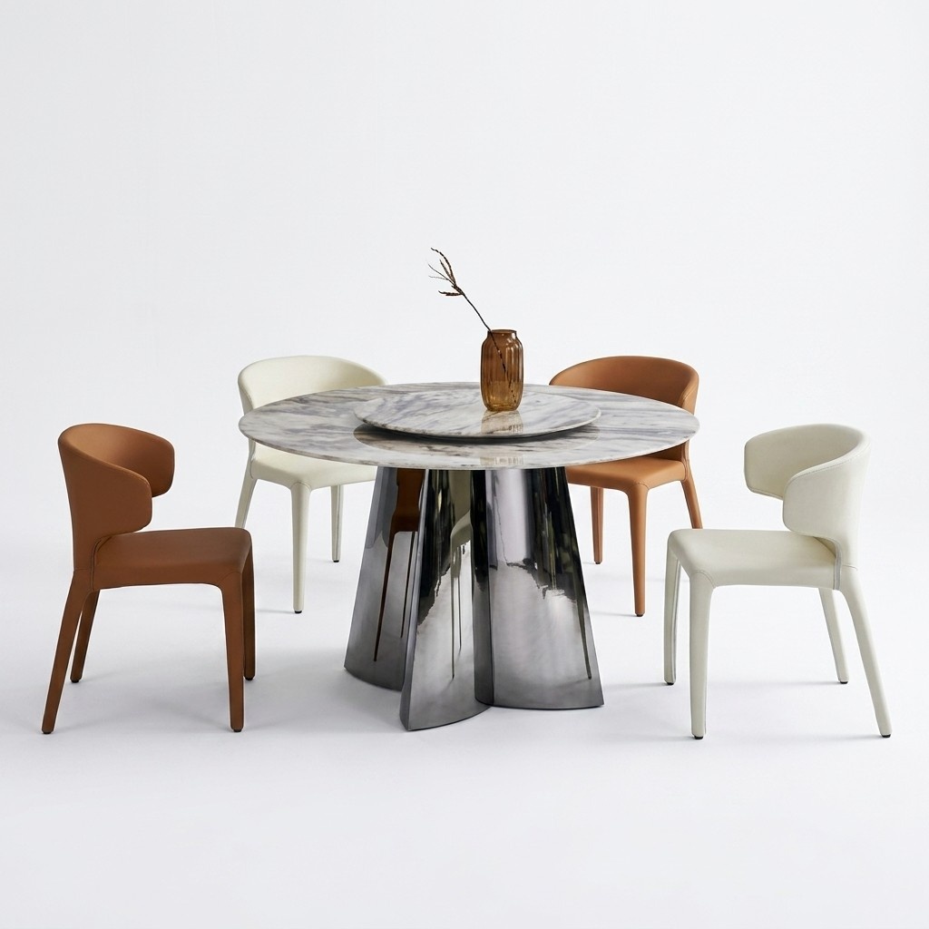 Designer Rundtisch Luxus 4x Lederstühle Esszimmergruppe Moderne Möbel
