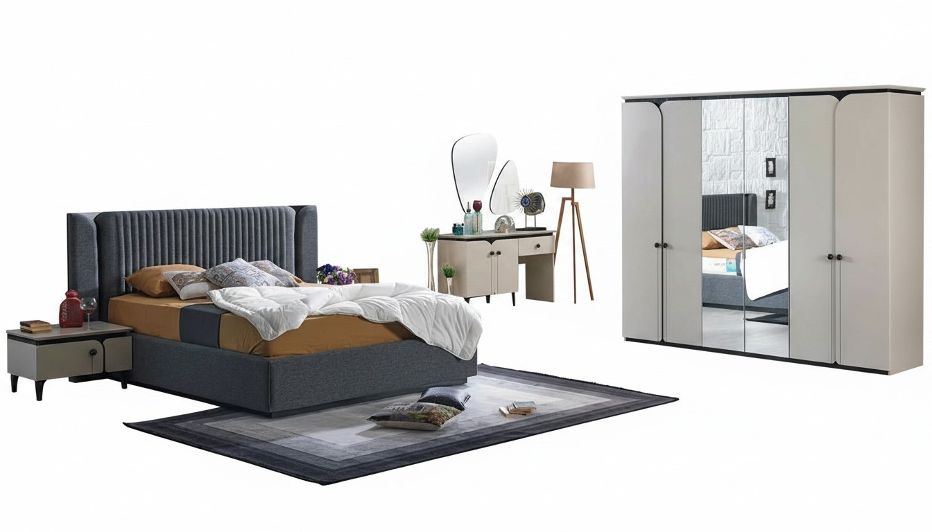 Designer Set Bett mit 2x Nachttische Holzmöbel Schlafzimmer Komplett