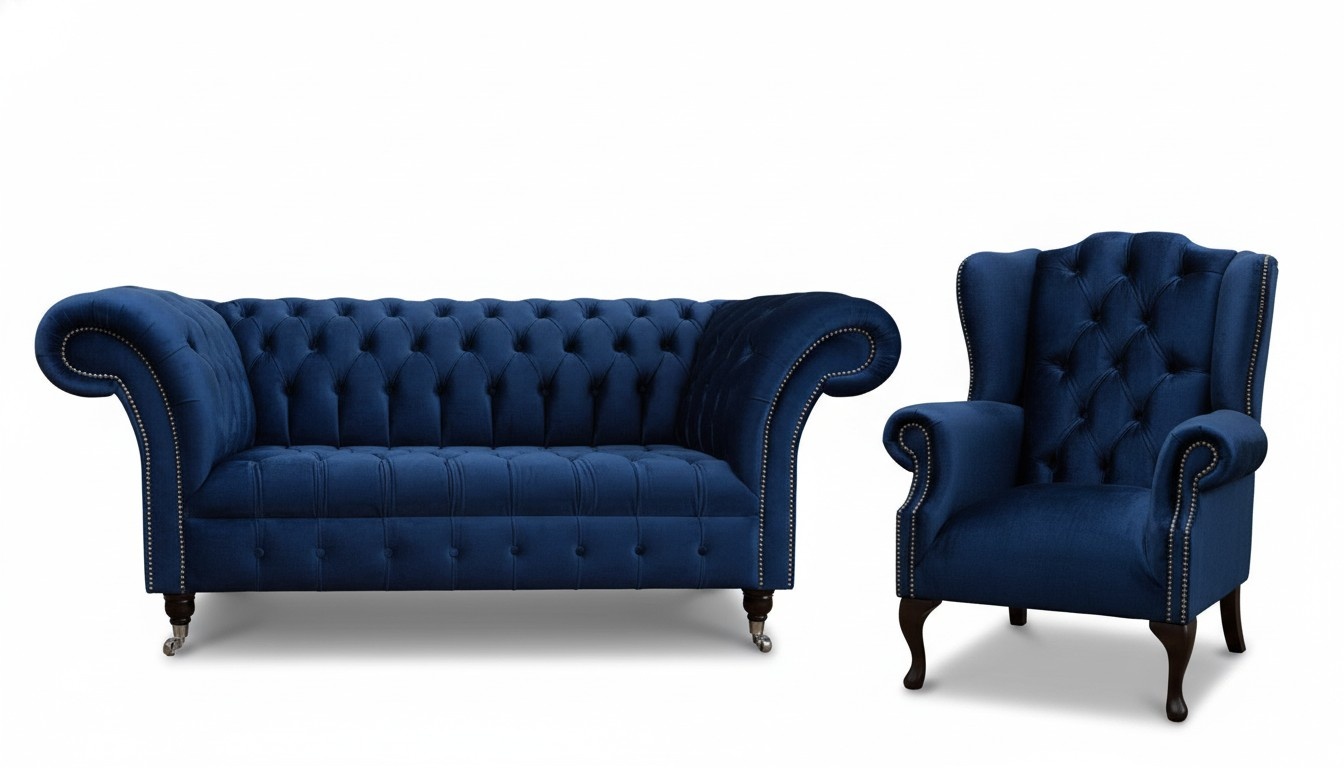 Designer Sofa Chesterfield 2 Sitzer Couch + Ohrensessel Relax Lehn Polster