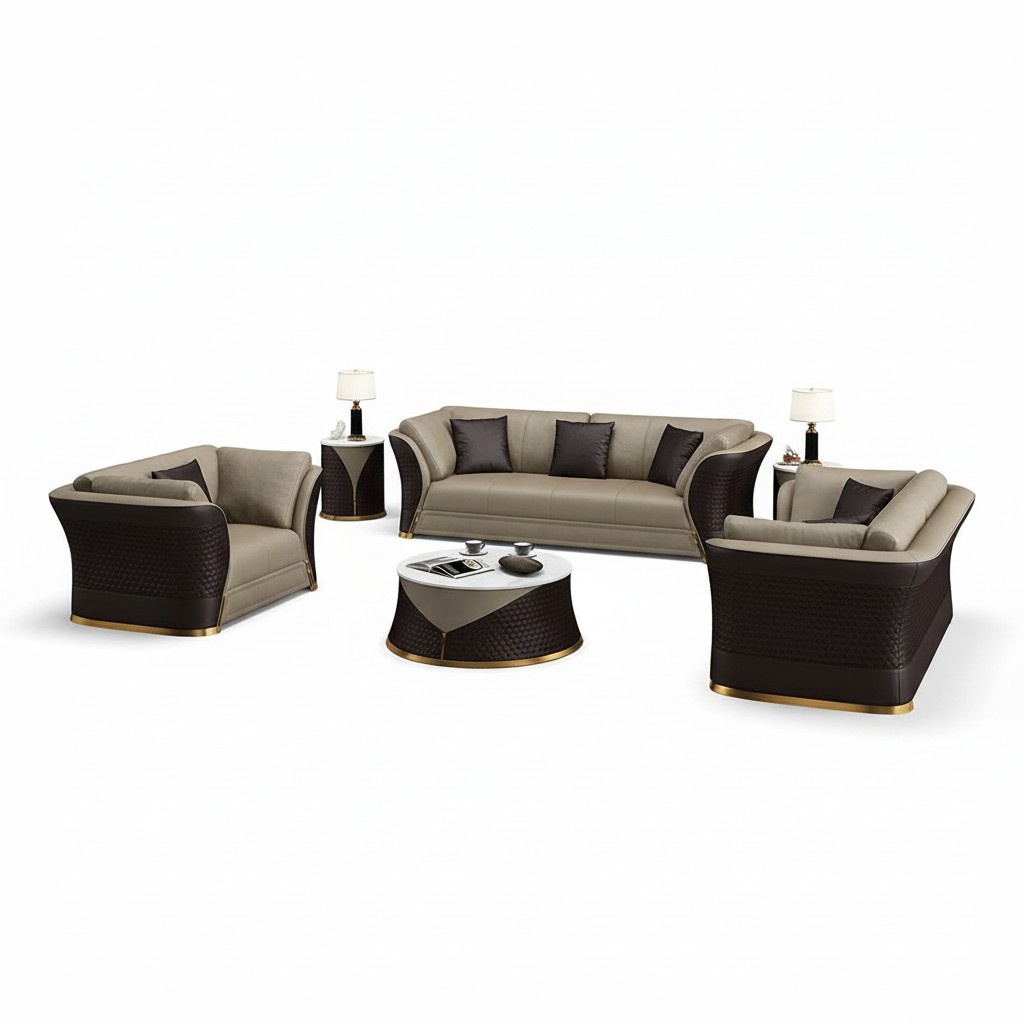 Designer Sofa Couch Polster Garnitur 6tlg. Set Leder Garnituren Couchtisch Tisch