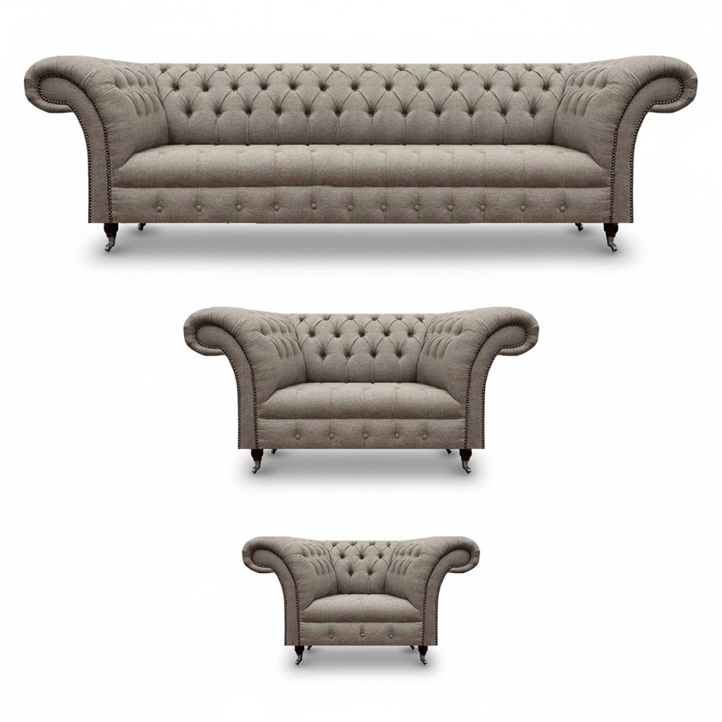 Designer Sofa Set Grau Textil Polster Garnitur 3tlg Wohnzimmer Chesterfield