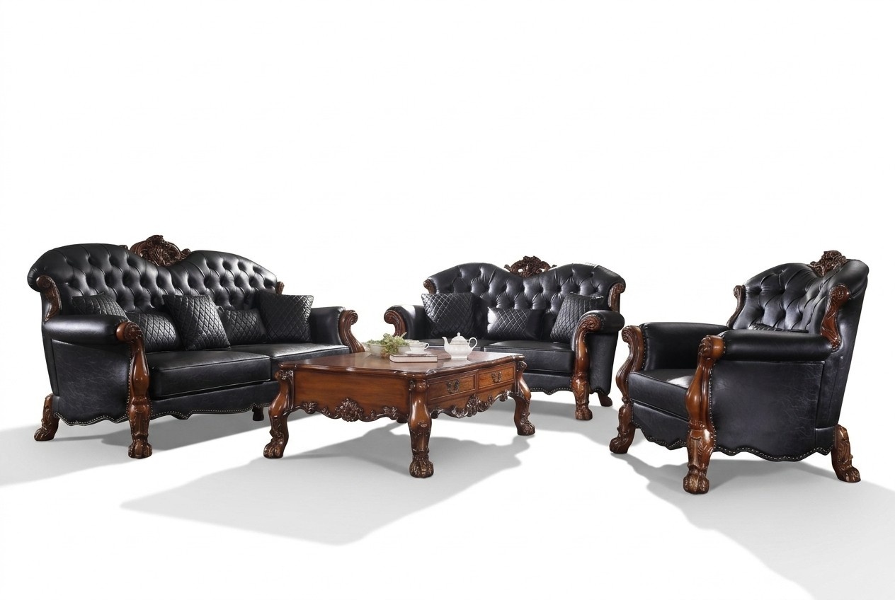 Designer Sofagarnitur 3+2+1 Sitzer Sofa Couch Leder Garnitur Polster Set Holz