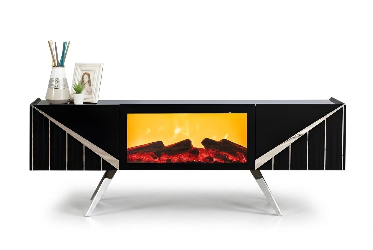 Designer TV-Möbel mit lackiertem MDF-Korpus, intarsiert mit Metalldetails
