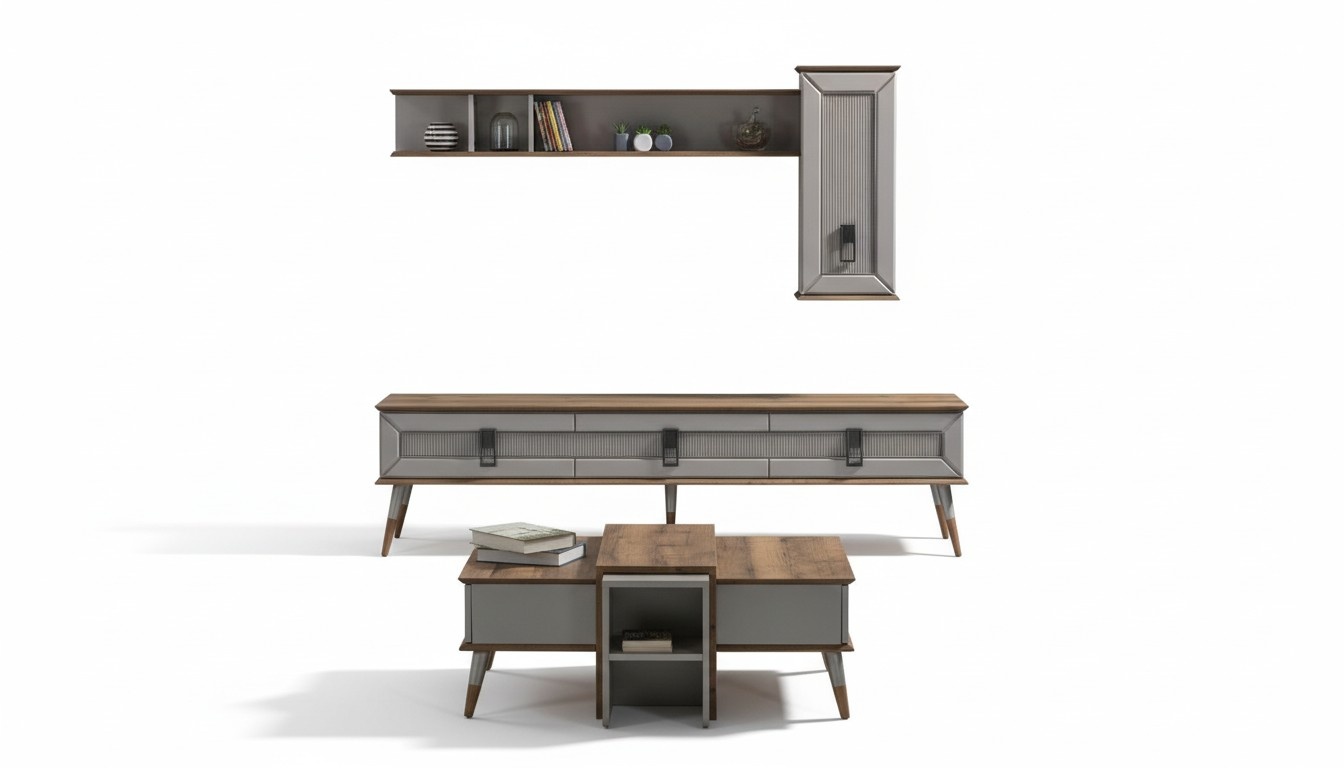 Designer Wohnzimmer Garnitur TV-Ständer Holz Regale Couchtisch RTV Neu