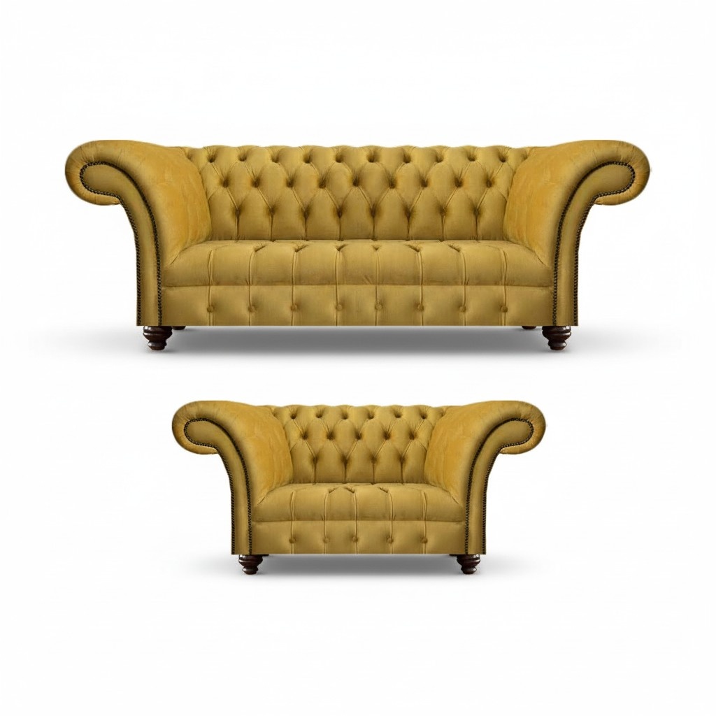 Designer Wohnzimmer Modern Gelb Sofagarnitur Set 2x Sofas Chesterfield