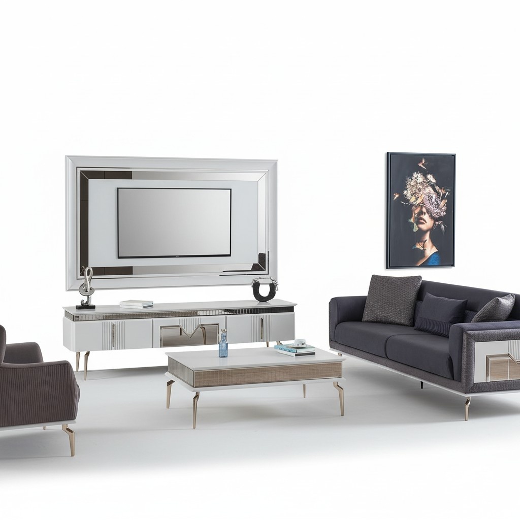 Designer Wohnzimmer Set 4tlg. Polstersofa TV Ständer Couchtisch Tische