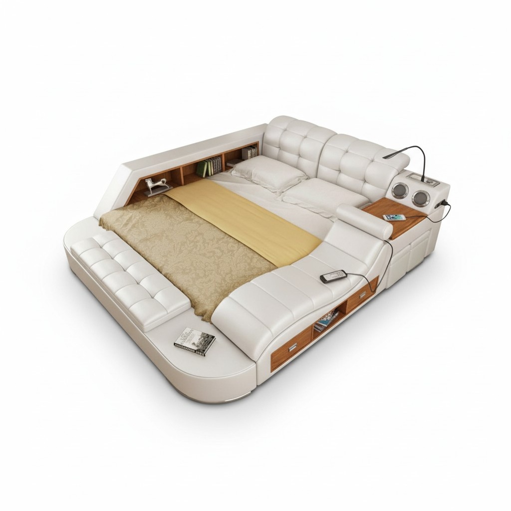 Doppel Luxus Leder Bett + USB Polster Betten Moderne Hotel Multifunktion Regal