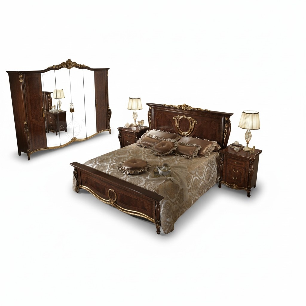 Doppelbett Bett Holz Design Betten Antik Stil Barock Rokoko 2x Nachttische Neu