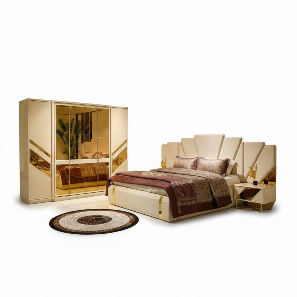 Doppelbett Kleiderschrank Spiegeltür Nachttische Gold Beige Schlafzimmer 4tlg