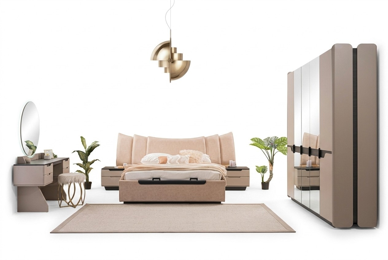 Doppelbett Komplette Bett Schlafzimmer Modern Beige Set 6tlg Schrank