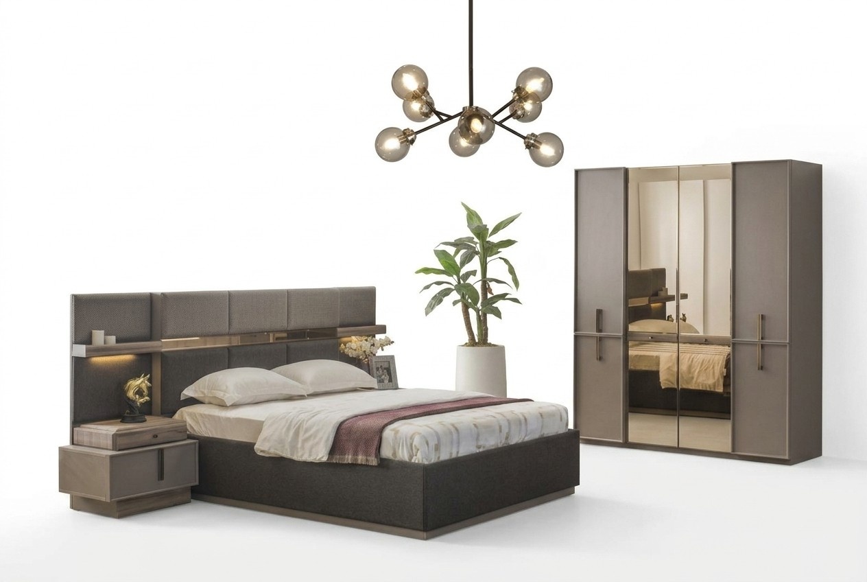Doppelbett Komplette Schlafzimmer Bett 4tlg Grau Nachttische Schrank