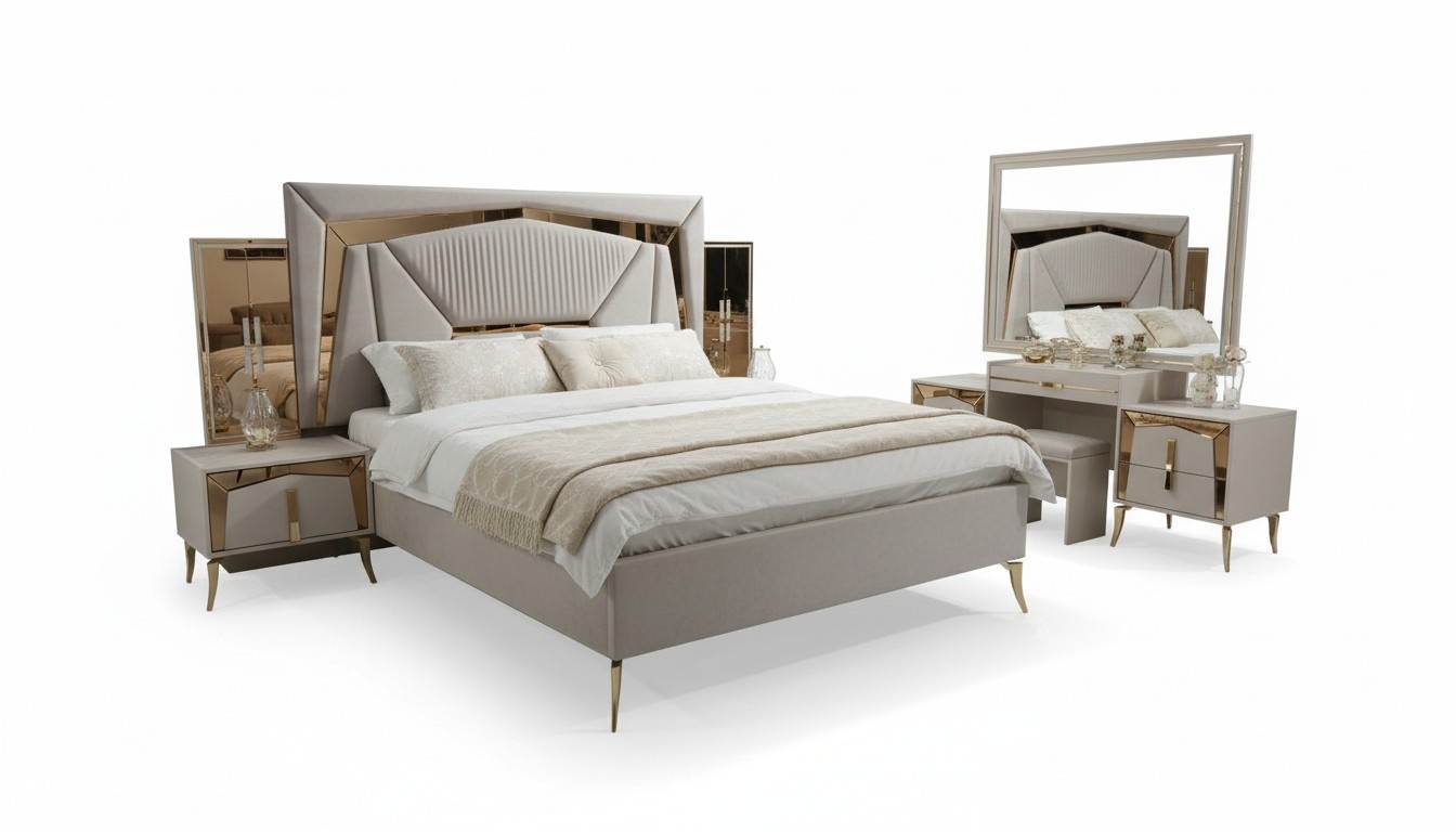 Doppelbett Nachttische mit Spiegel Schminktisch Beige Gold Schlafzimmer