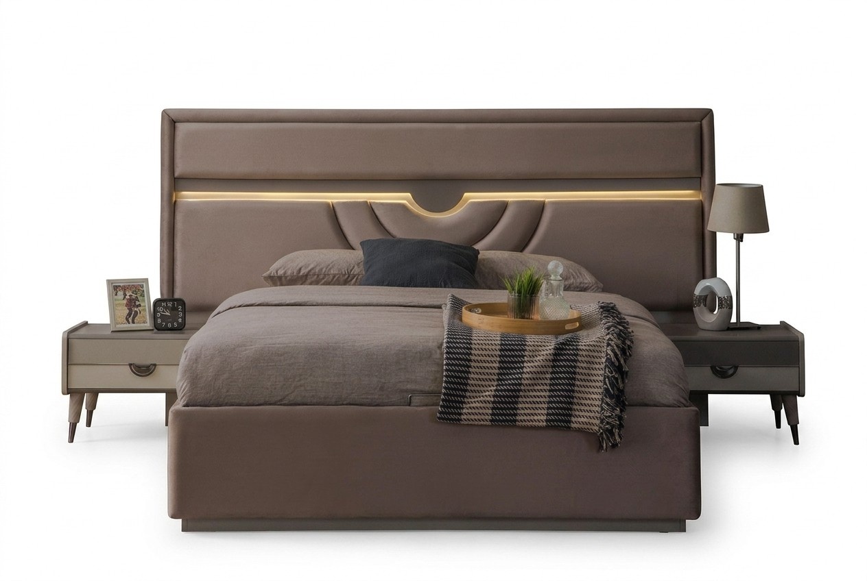Doppelbett Schlafzimmer Bett Nachttische Beige Set 3tlg Bettkasten