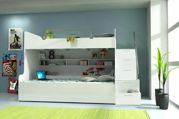 Doppelstockbett Stockbett Bett Doppelbett Etagenbett Betten B003 RAJ2 3-Teilig Weiss/Weiss