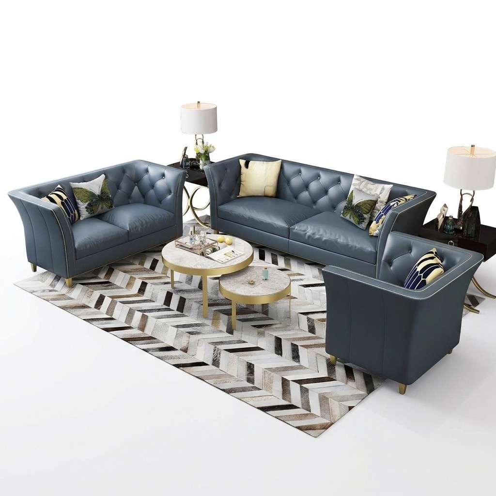 Dreisitzer Couch Polster Design Sofa 3er Sitz Sofas Zimmer Blau Chesterfield Neu