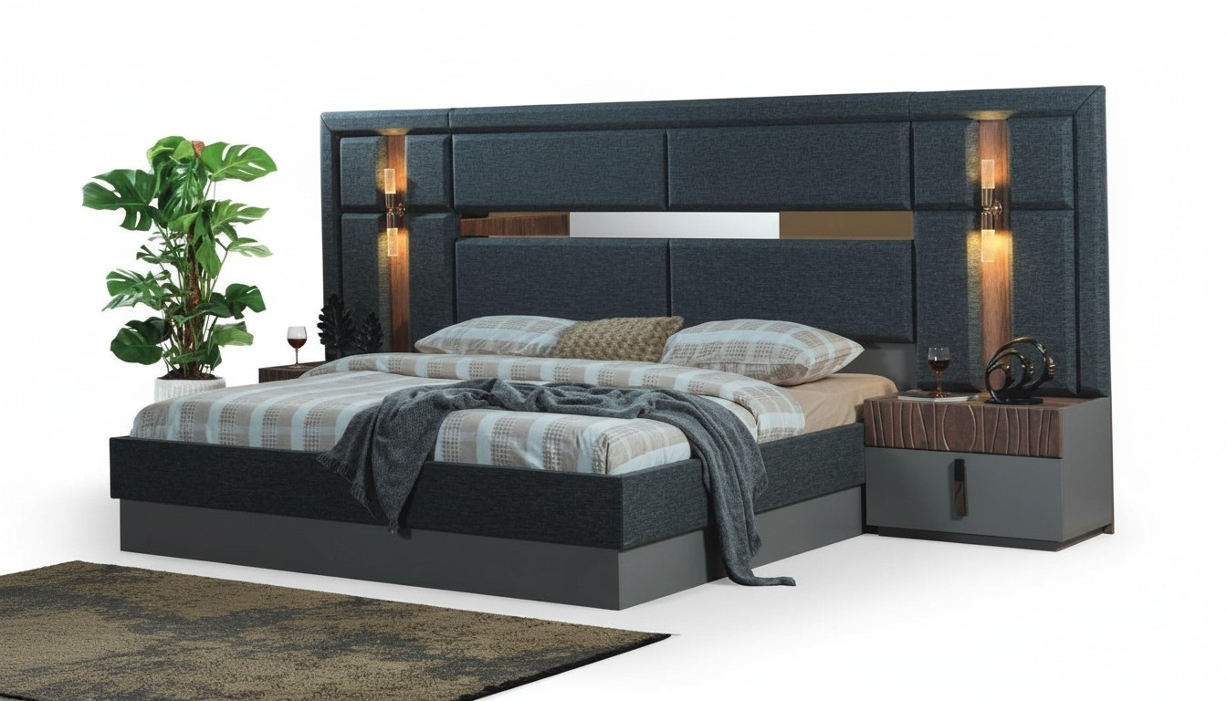 Dunkel-Graues Doppelbett Designer Holz Nachttische Schlafzimmergarnitur