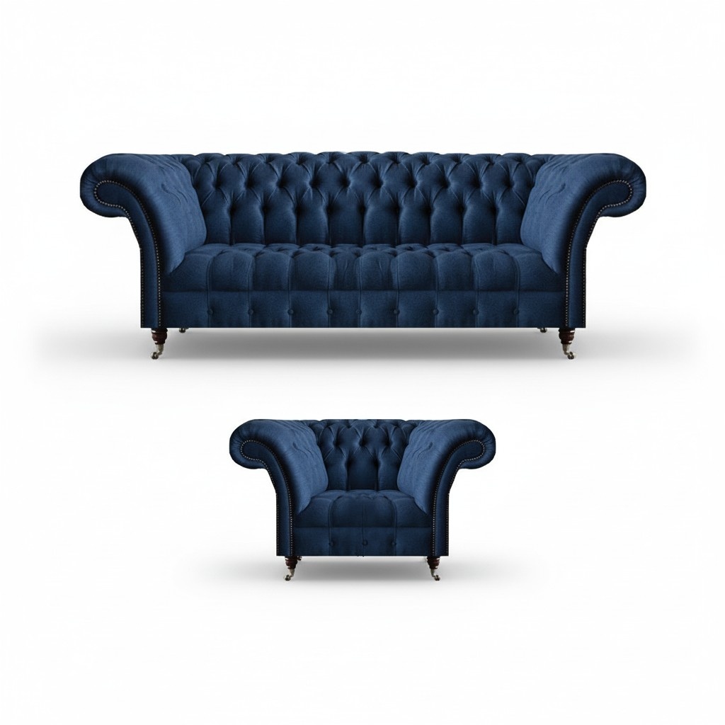 Dunkelblaue Wohnzimmer 3-Sitzer Couch Designer Lehnsessel Edler 2tlg Set