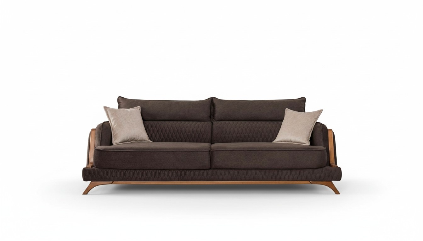 Dunkelbraun 3-Sitzer Sofa Stoffbezug Holzdetails Retro Skandi Stil Wohnzimmer