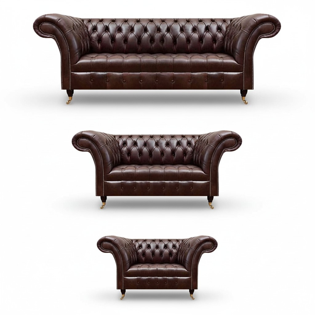 Dunkelbraune Chesterfield Couchgarnitur Ledersofas Designer Sessel 3tlg
