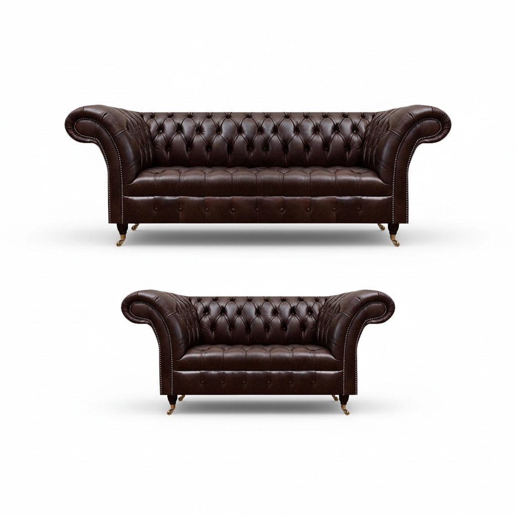 Dunkelbraune Chesterfield Ledergarnitur Moderne Ledersofas Sessel 2tlg