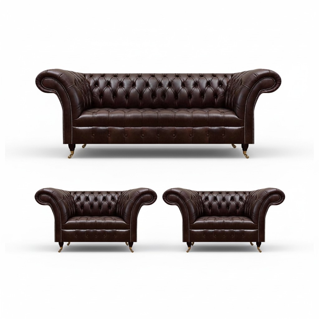 Dunkelbraune Chesterfield Sofagarnitur Komplettes Couch Sessel Set 3tlg