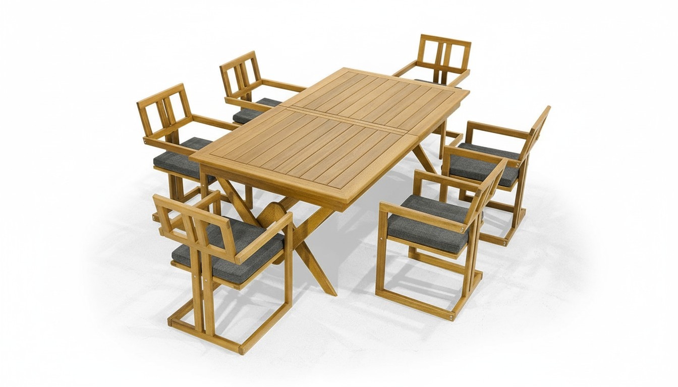 Dunkelbraune Gartenmöbel Designer Holz Esstisch 6x Polsterstühle 7tlg