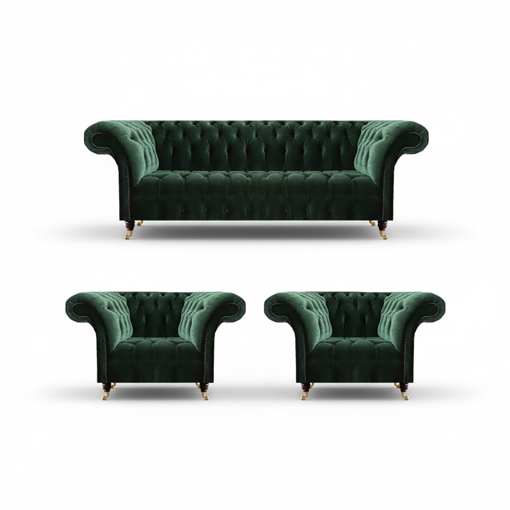 Dunkelgrüne Chesterfield Sessel Wohnzimmer Dreisitzer Luxus Couch 3tlg