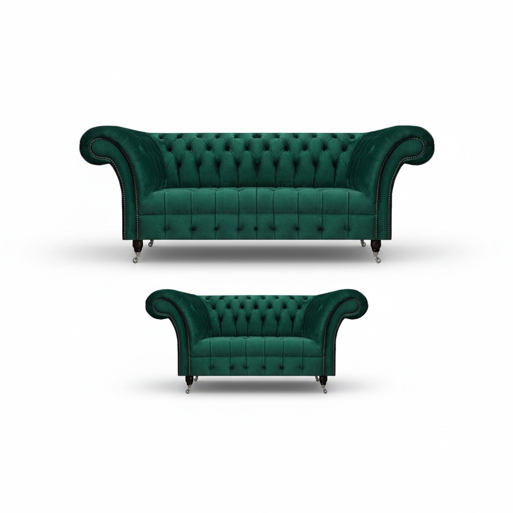 Dunkelgrüne Chesterfield Sofas Komplette Wohnzimmer Couch Garnitur 2tlg