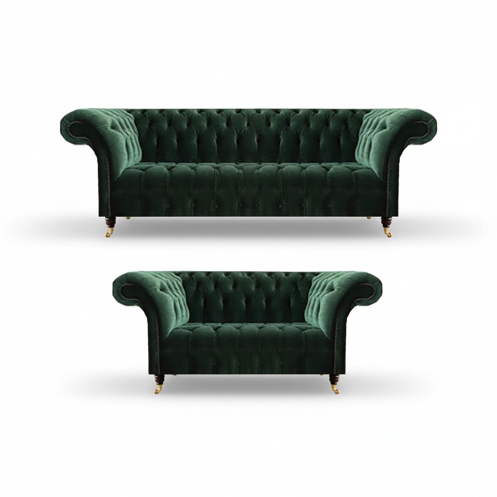 Dunkelgrüne Chesterfield Sofas Moderner Dreisitzer Polster Couch 2tlg