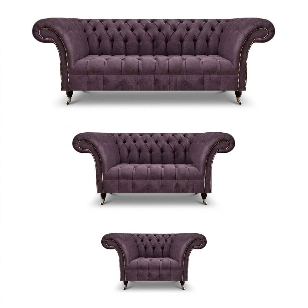 Dunkellila Chesterfield Garnitur Edler Dreisitzer Moderner Lehnsessel