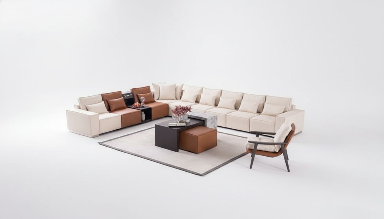 Ecksofa L-Form mit Soundsystem Couchtisch Pouf Sessel Couch Stoff Leder