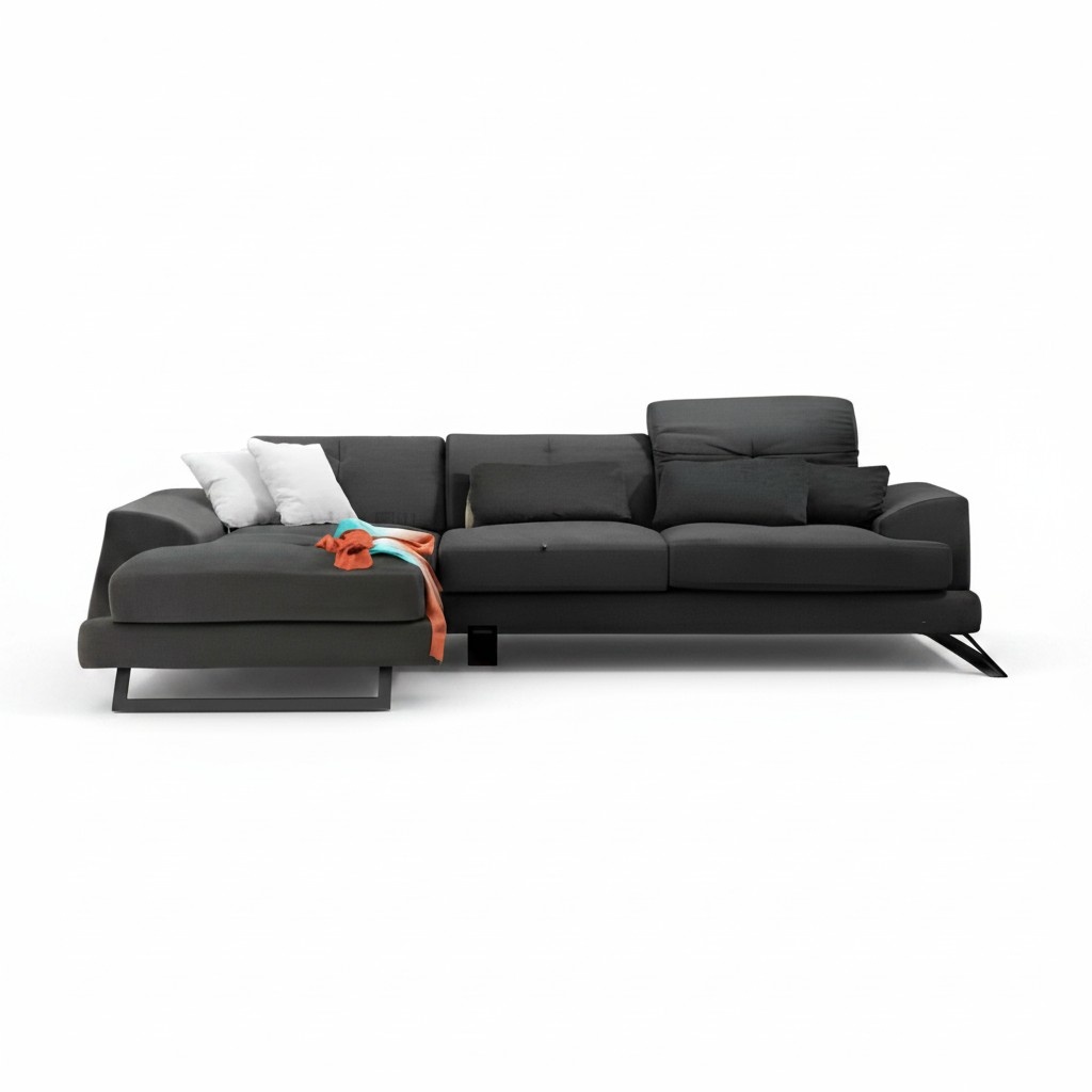 Ecksofa Modern L-Form Design Schwarz Einfarbig mit Kisset Textil Material
