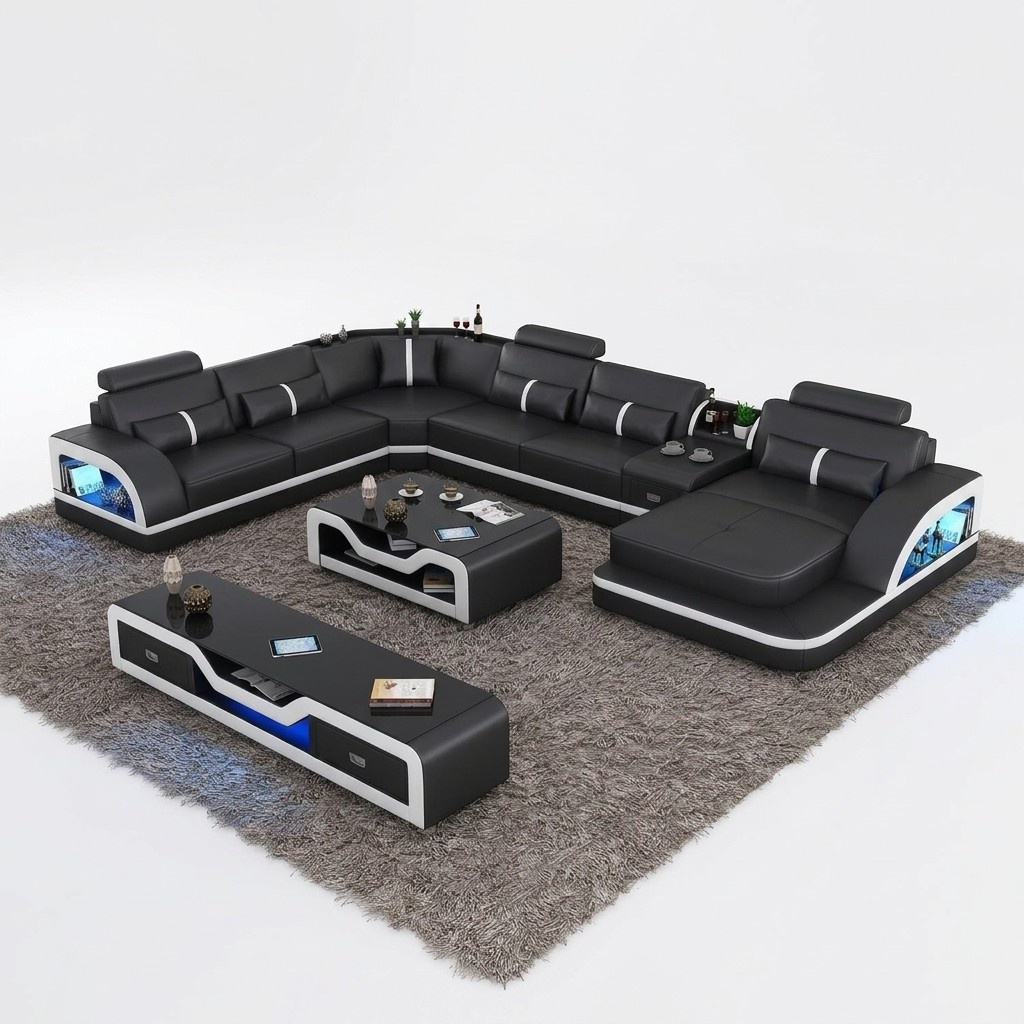 Ecksofa Schwarz mit Couchtisch 2tlg. Wohnzimmer Ledersofa Set Eckgarnitur Tisch
