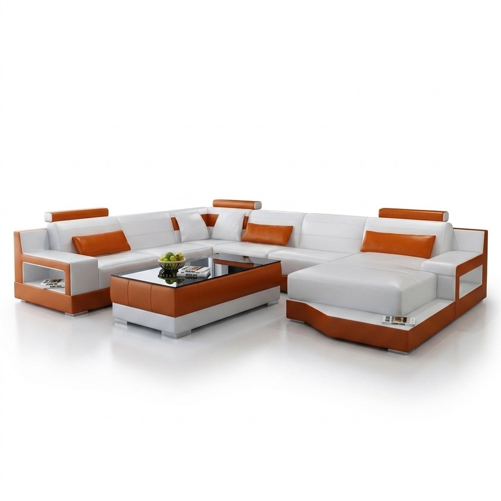 Ecksofa Sofa Wohnlandschaft U Form Polster Couch Ledersofa Weiß Orange Leder
