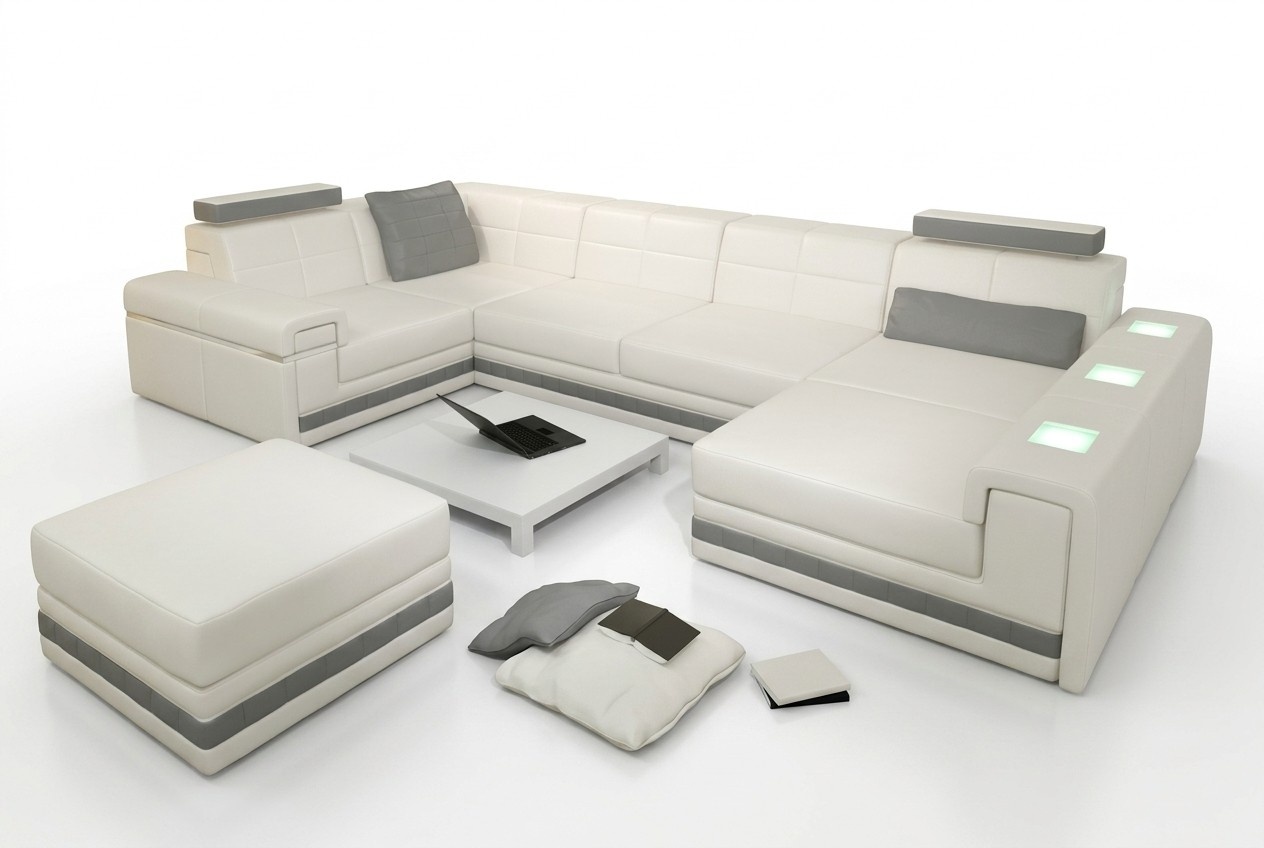 Ecksofa Sofa Wohnlandschaft U Form Polster Couch Ledersofa + Hocker Leder Sofas